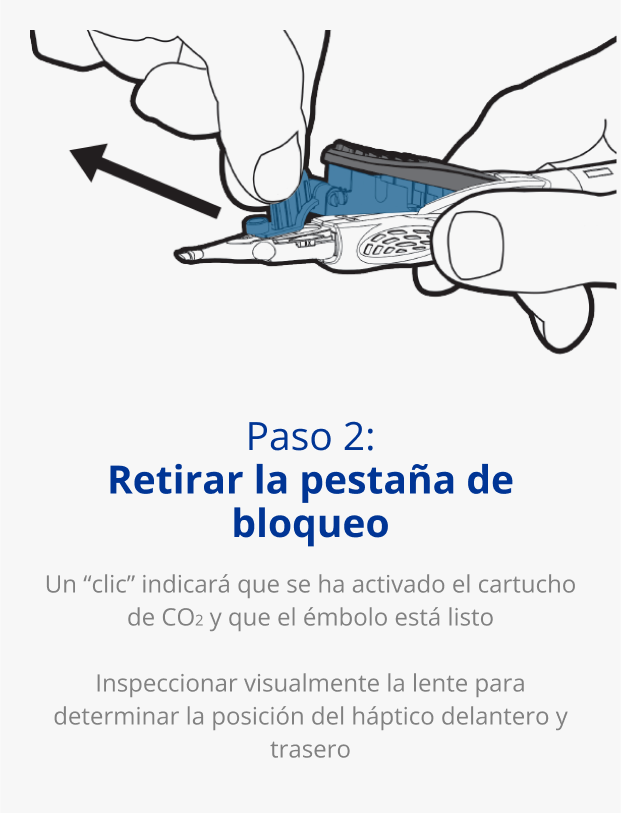 Ilustración de una mano que sujeta el sistema inyector AutonoMe. Una flecha negra apunta hacia afuera desde el cartucho del dispositivo para indicar un movimiento de tirar.