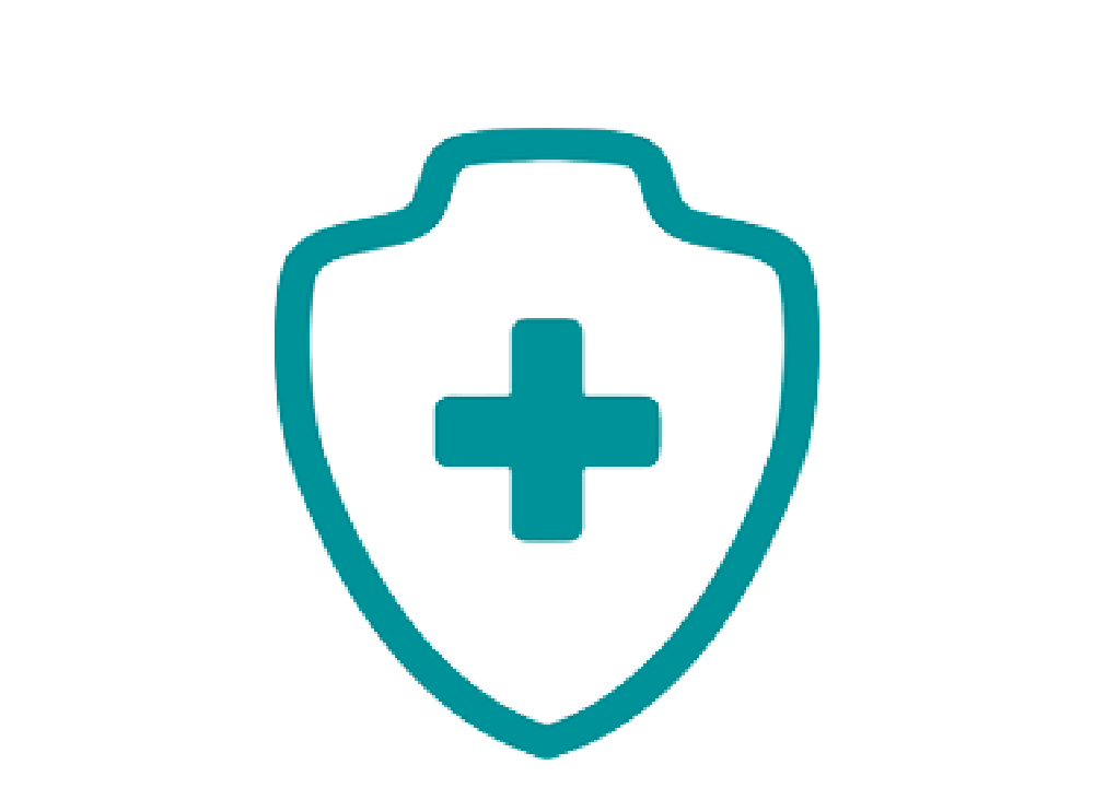 Icono color cerceta de un escudo con cruz médica en el medio.