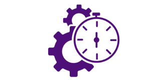 Icono morado que muestra un cronómetro con 2 engranajes tras él.