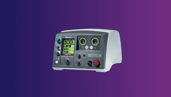 Imagen de sistema láser PUREPOINT. El dispositivo aparece sobre un fondo morado.
