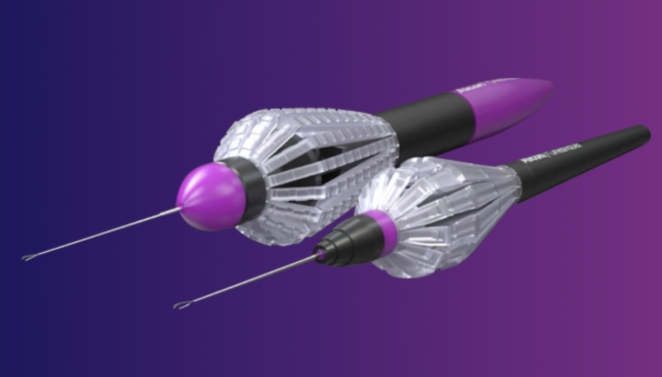 Una imagen del mango FINESSE REFLEX junto a la imagen de los fórceps FINESSE SHARKSKIN ILM. Los dos dispositivos aparecen uno junto al otro sobre un fondo morado.