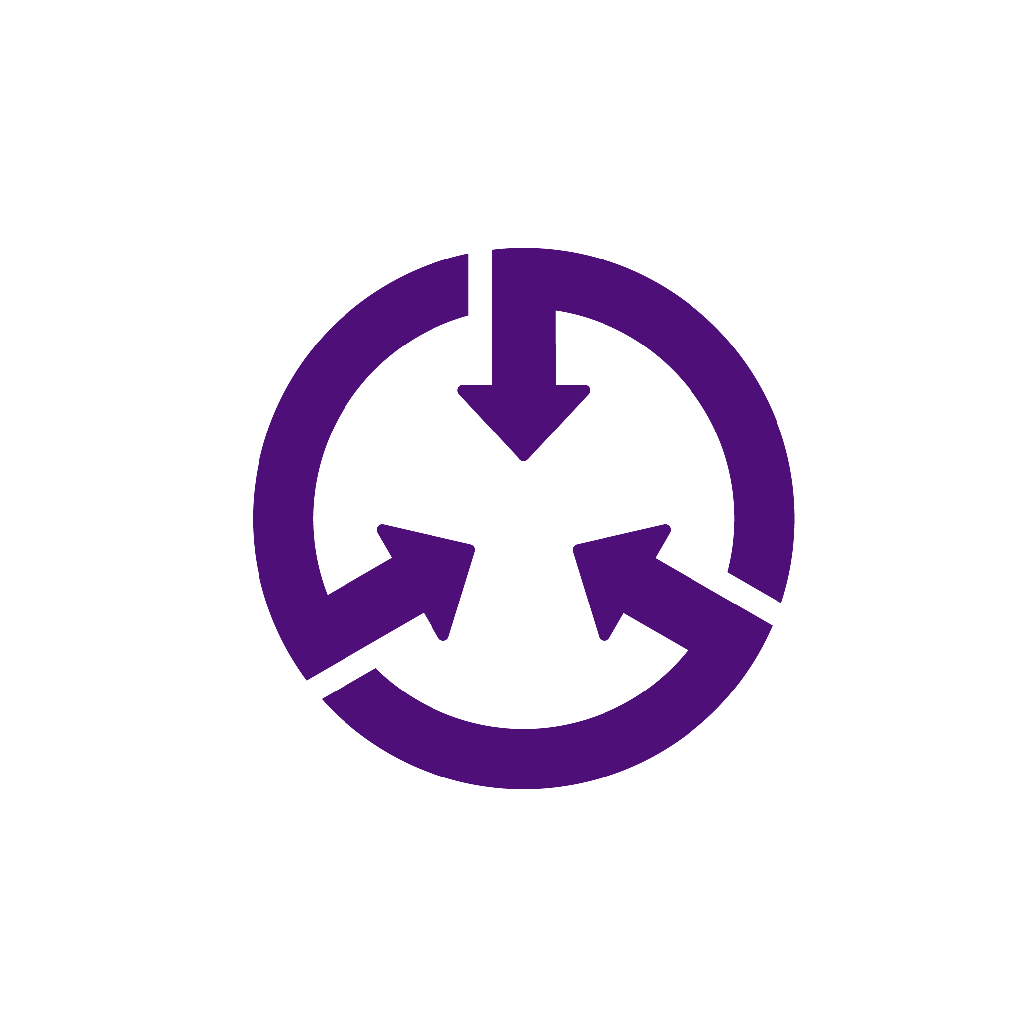 Icono morado oscuro de un círculo que consiste en tres flechas que apuntan hacia dentro.