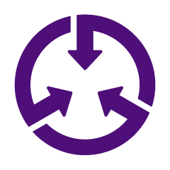 Icono morado oscuro de un círculo que consiste en tres flechas que apuntan hacia dentro.