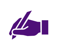 Icono morado oscuro de una mano agarrando un bolígrafo en posición de escritura.