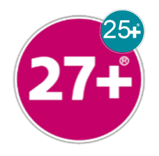 Un círculo grande y rosa que dice 27+. En la parte superior derecha, un círculo color cerceta dice: 25+.
