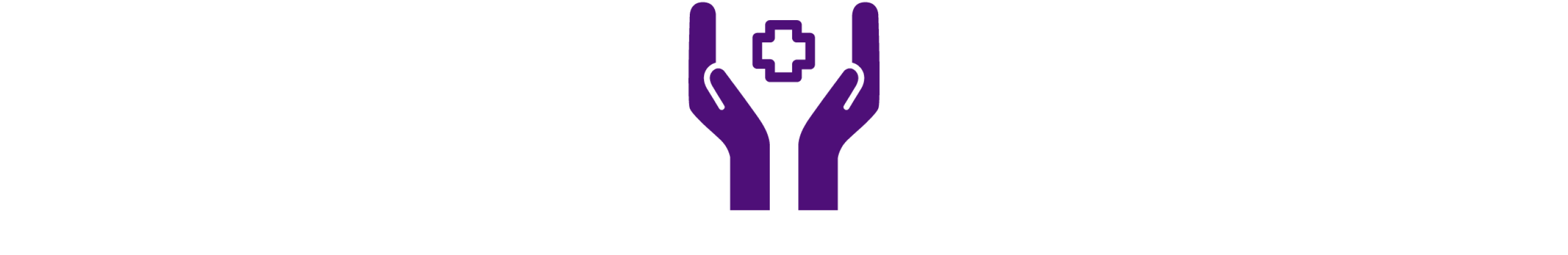 Icono morado oscuro de manos abiertas con un logo médico entre las palmas.