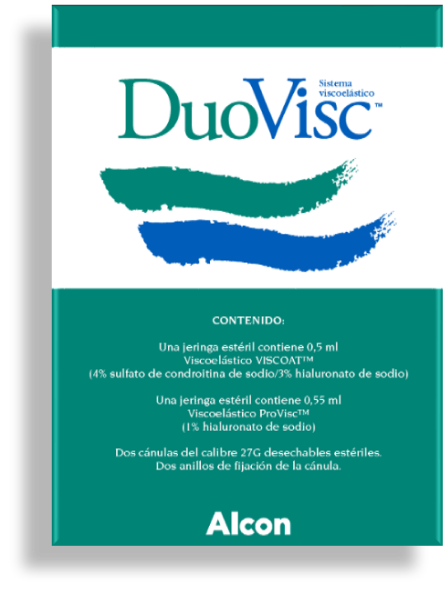 Caja de producto OVD DuoVisc de Alcon. Este producto contiene 0,50 ml de Viscoat y 0,55 ml de ProVisc.