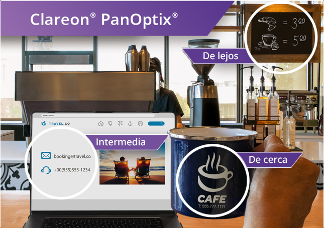 Cafetería, con una vista de las cafeteras y otros ingredientes desde el mostrador. Hay un portátil abierto sobre la barra y se ve la mano de una persona que sujeta una taza a la derecha de la pantalla del portátil. En la imagen aparecen 3 círculos que centran el interés en diferentes aspectos. Uno de los círculos está situado en la pantalla del portátil para resaltar la visión intermedia con las AcrySof IQ PanOptix. Hay otro círculo en la taza para resaltar la visión de cerca con las lentes AcrySof IQ PanOptix. El último círculo se encuentra en la pizarra con la carta de cafés, para resaltar la visión de lejos con las lentes AcrySof IQ PanOptix.