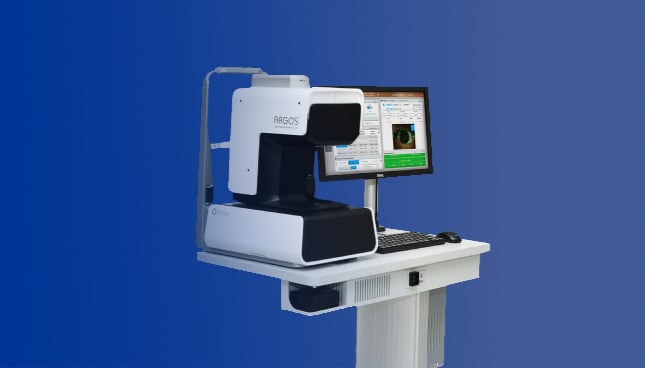 Imagen de biómetro ARGOS. El dispositivo aparece sobre un fondo azul.