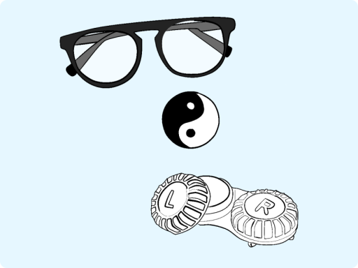 Imagen de gafas lentes de contacto y un yin y un yang