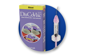 Alcon’s DisCoVisc OVD product and product box on a blue circle background.