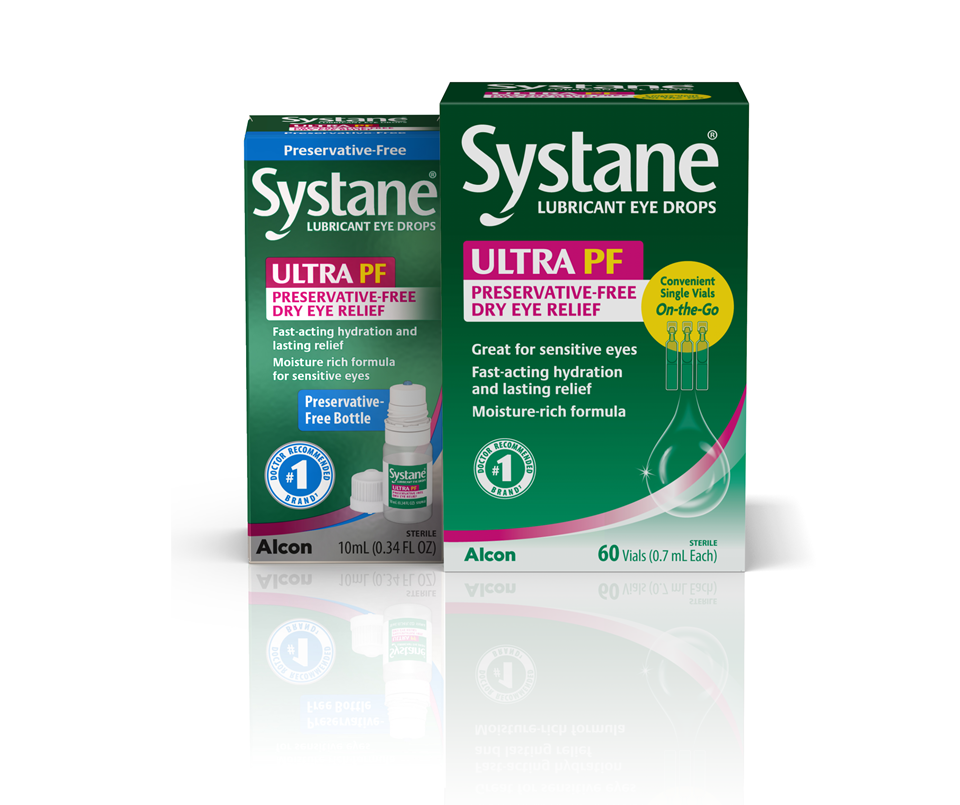 Two Product boxes for Systane Ultra Preservative-free (PF) lubricant dry eye relief drops 10 ml multidose bottle and 60 single-dose vials by Alcon