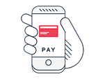 Illustration of a hand holding a smartphone displaying a red credit card and the word “PAY,” symbolizing mobile payment
