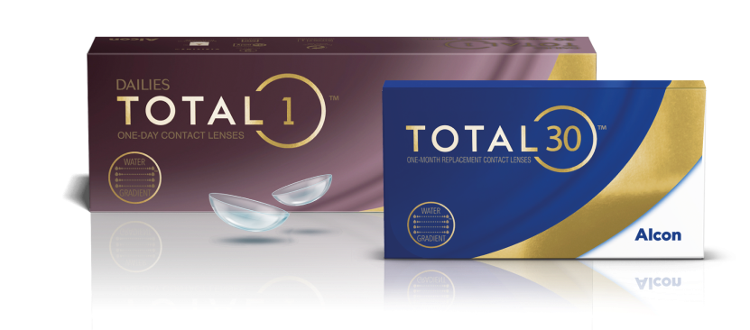 Product box shots for Dailies Total1 daily and Total30 monthly contact lenses by Alcon