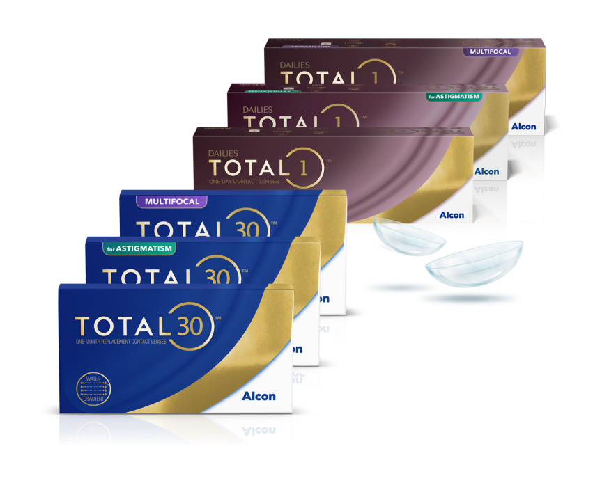 Family contact lens product box shots for Total including Dailies Total1, Dailies Total1 Multifocal, Dailies Total1 for Astigmatism, and Total30 monthly lenses
