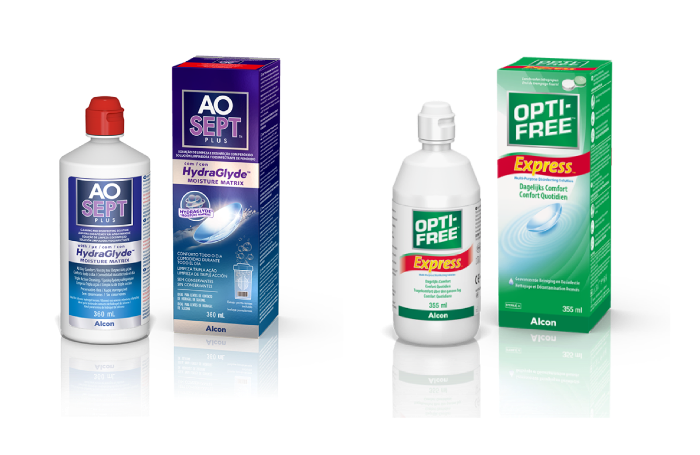 Confezioni di solizioni per lenti a contatto AO Sept e Opti-free Express di Alcon