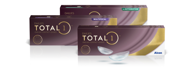 Product boxes for Dailies Total1 One-Day Contact Lenses, Multifocal, and for Astigmatism by Alcon