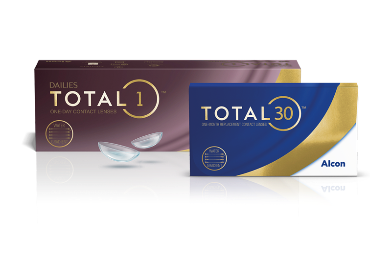 Product boxes for the Total family of contact lenses, including Dailies Total1 daily lenses and Total30 monthly contact lenses