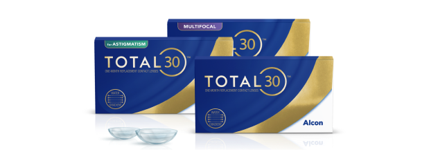 Product boxes for Total30 Monthly Reusable Contact Lenses, Multifocal, and for Astigmatism by Alcon