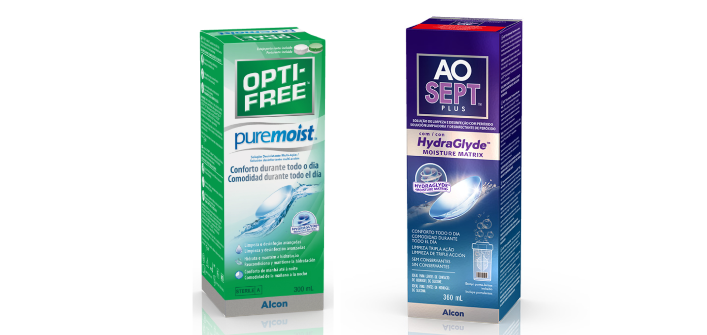 Imagem de duas soluções para lentes de contato: AO SEP HydraGlyde e Optifree Express.