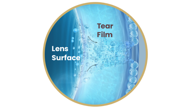 Close up image of lens surface releasing natural ingredient into lipid layer of tear film