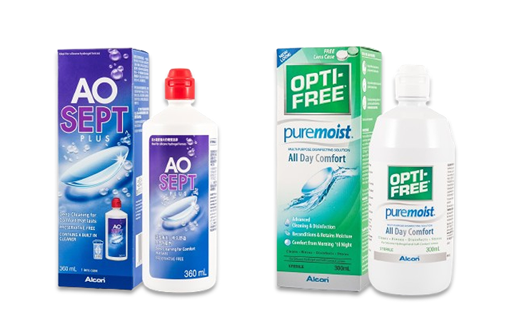 Product boxes and bottles for AOSept Plus HydraGlyde and Opti-free Puremoist contact lens solutions by Alcon