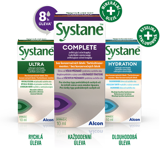 produktové krabičky pre Systane Ultra bez konzervačných látok, Systane Complete bez konzervačných látok, a Systane Hydration bez konzervačných látok od Alconu