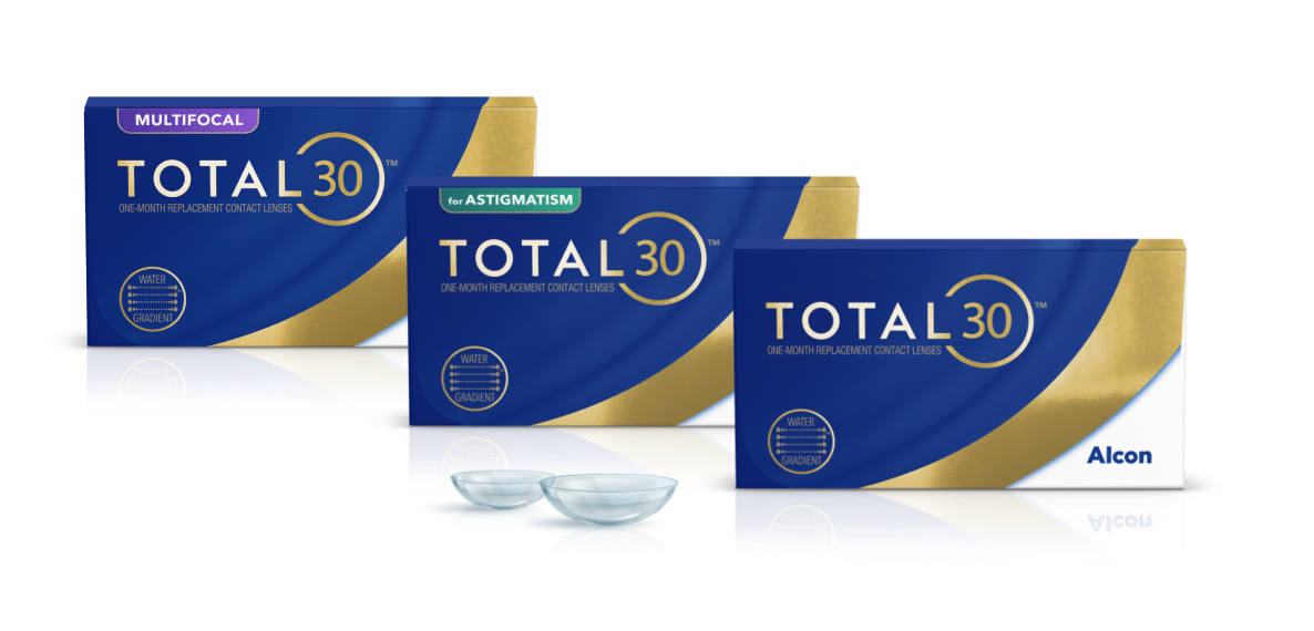 Total30 contact lenses product boxes for Total30 for Astigmatism and Total30 monthly lenses
