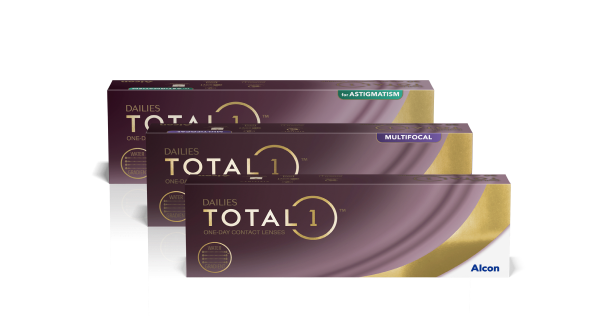 Product box shots for Dailies Total1, Dailies Total1 for Astigmatism, and Dailies Total1 Multifocal daily disposable contact lenses